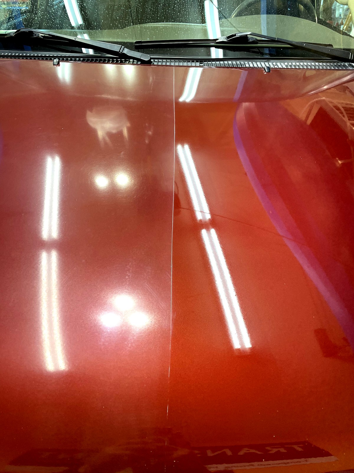 Ceramic coating — mirror finish on deep red hood