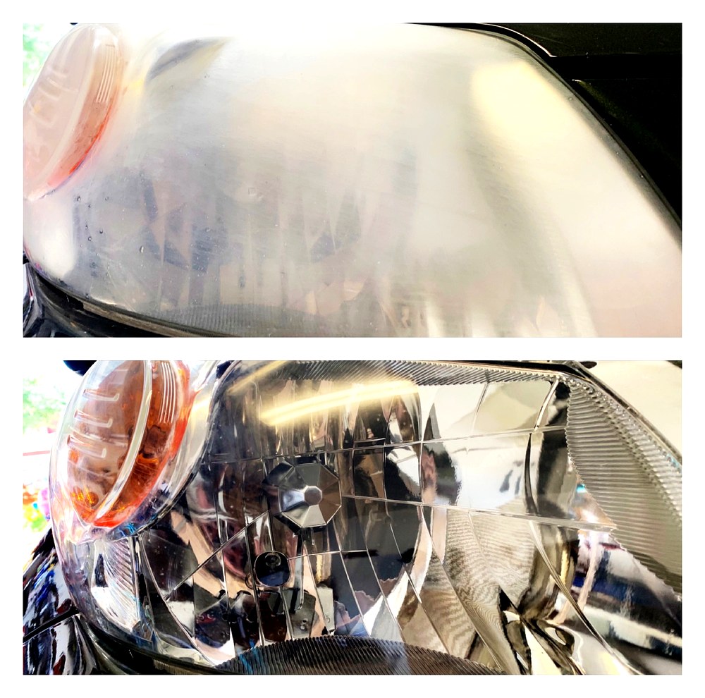 Headlight restoration before and after — foggy oxidized vs crystal clear