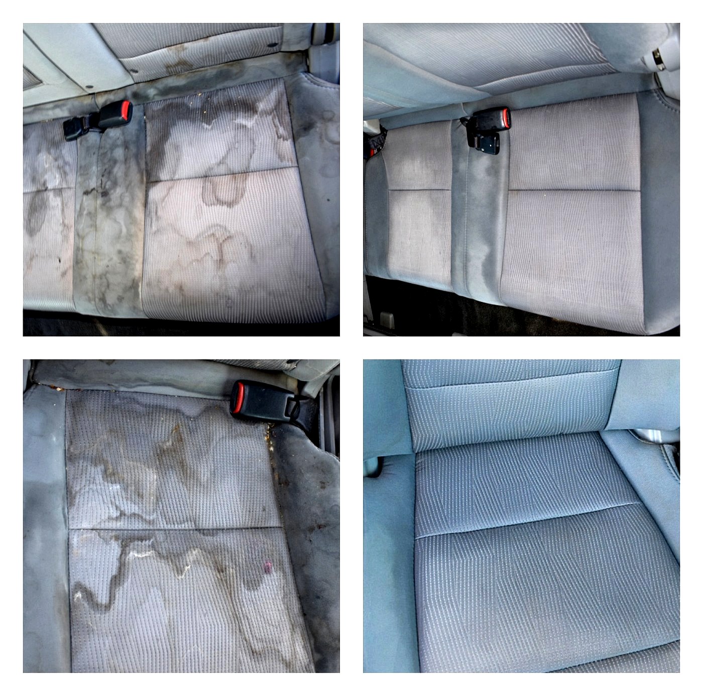 Fabric seat before and after — heavy staining completely removed